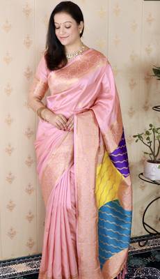 pink banarasi silk saree with zari woven work 3