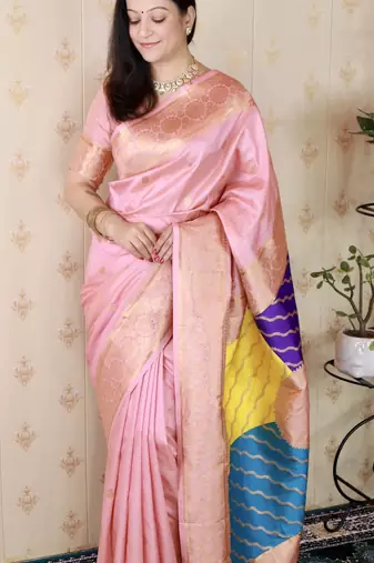 pink banarasi silk saree with zari woven work