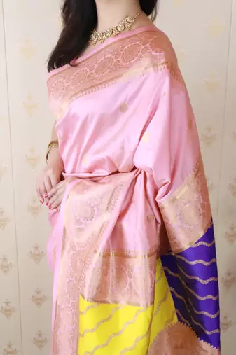 pink banarasi silk saree with zari woven work