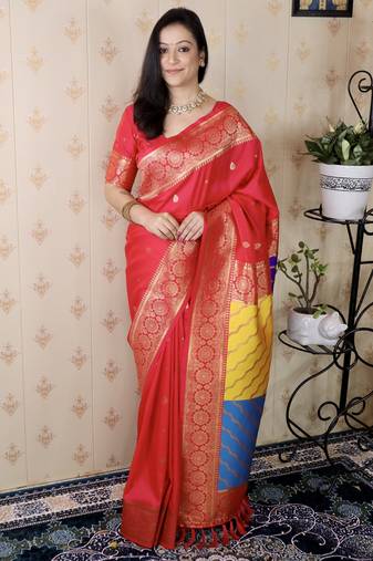 Pink banarasi silk zari weaving saree with matching blouse piece