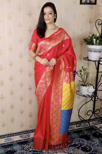 Pink banarasi silk zari weaving saree with matching blouse piece