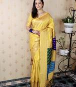 yellow banarasi silk saree with zari weaving