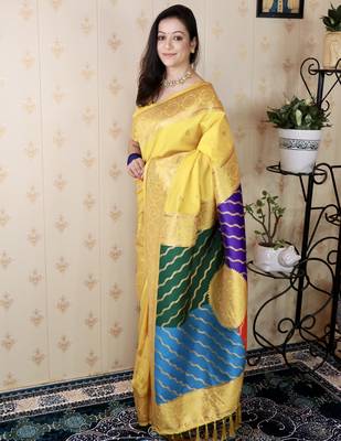 yellow banarasi silk saree with zari weaving 2