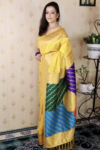 yellow banarasi silk saree with zari weaving