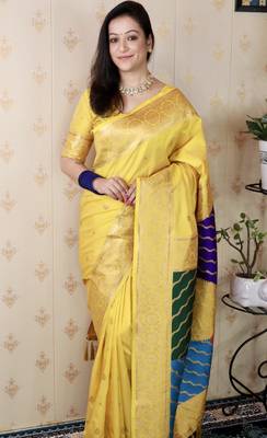 yellow banarasi silk saree with zari weaving 3