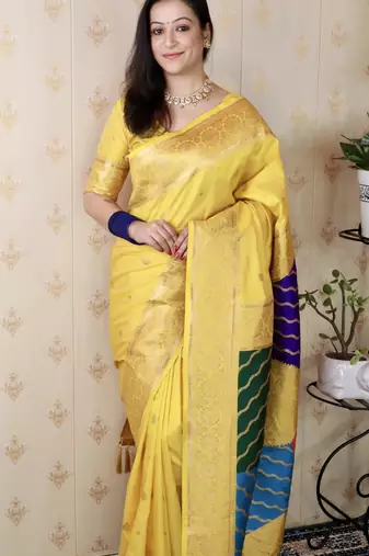 yellow banarasi silk saree with zari weaving
