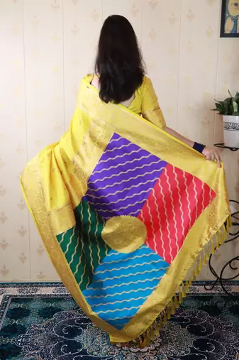 yellow banarasi silk saree with zari weaving