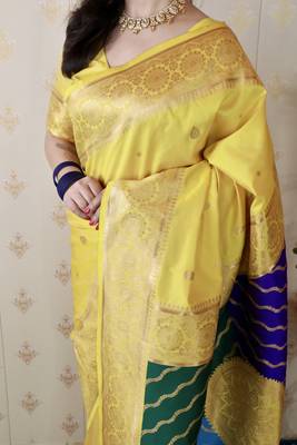 yellow banarasi silk saree with zari weaving 5