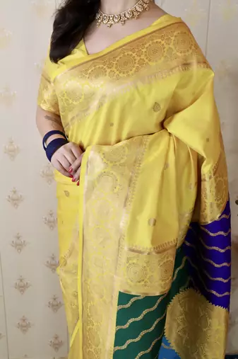 yellow banarasi silk saree with zari weaving