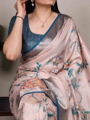 cream tussar silk saree with floral print 2