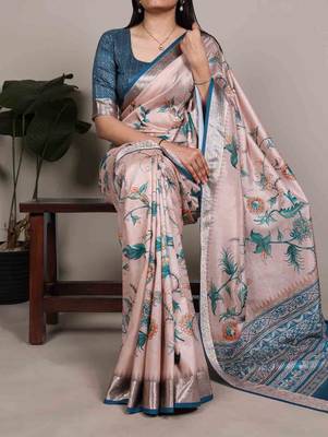 cream tussar silk saree with floral print 1