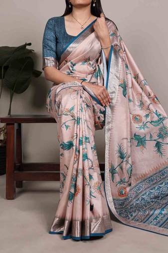 Graceful tasar silk printed saree with designer viscose border