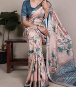cream tussar silk saree with floral print
