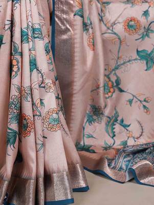 cream tussar silk saree with floral print 4