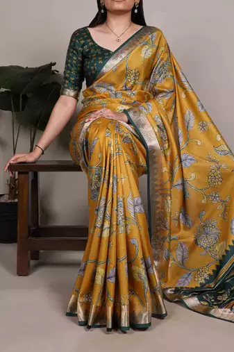 mustard tussar silk saree with floral print