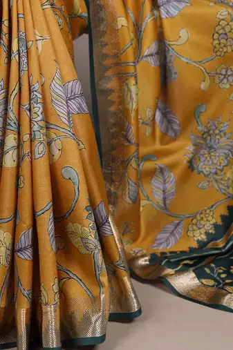 mustard tussar silk saree with floral print