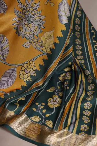 mustard tussar silk saree with floral print