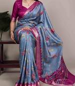 blue tussar silk printed saree with viscose border