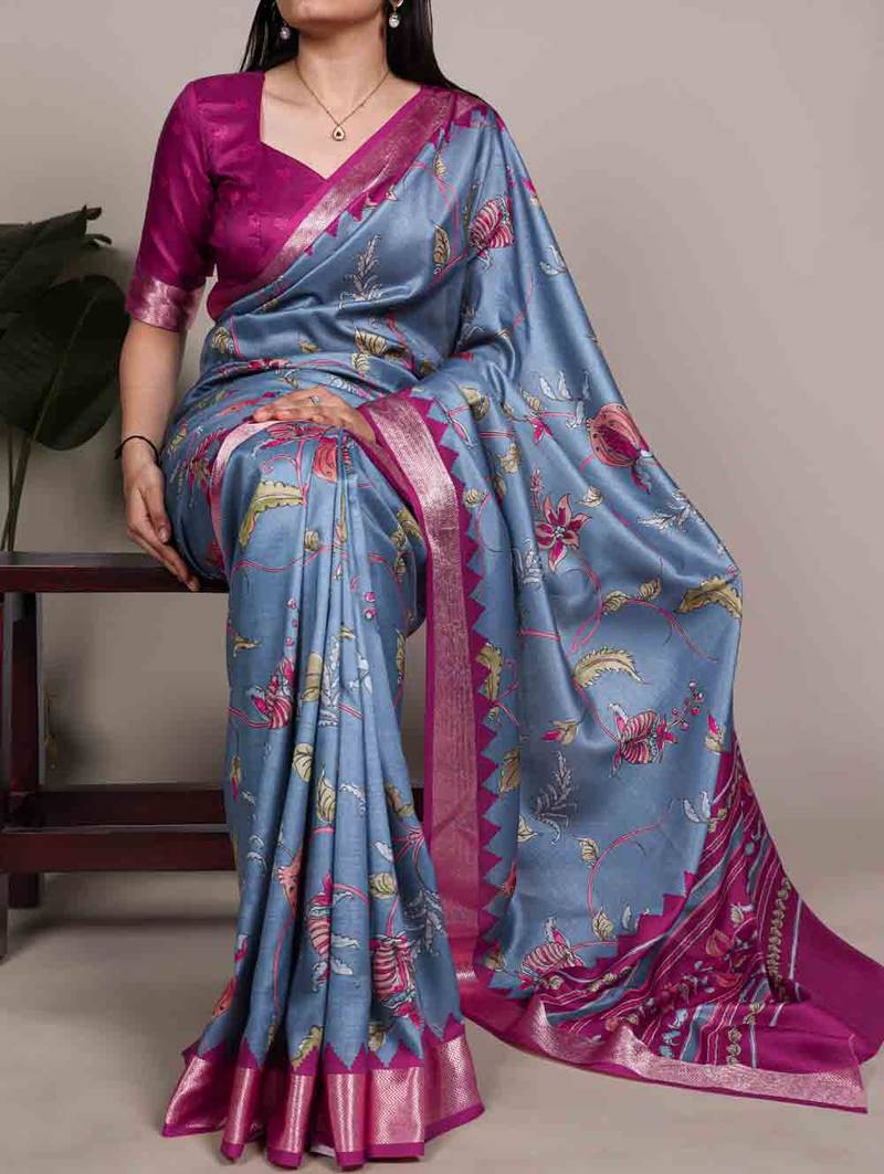 Graceful tasar silk printed saree with  viscose border
