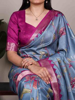 blue tussar silk printed saree with viscose border 2