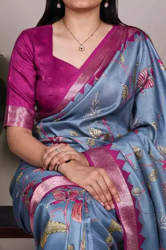 blue tussar silk printed saree with viscose border