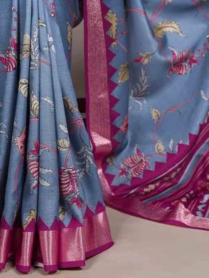 blue tussar silk printed saree with viscose border 4