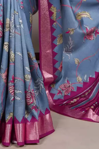 blue tussar silk printed saree with viscose border