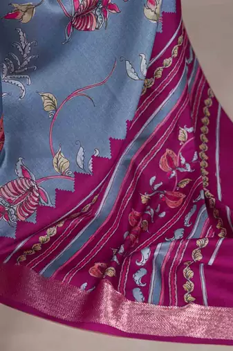 blue tussar silk printed saree with viscose border