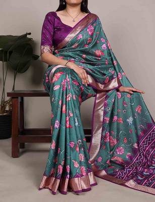 green tussar silk printed saree with viscose border 1