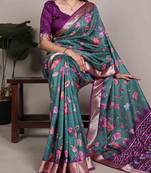 green tussar silk printed saree with viscose border