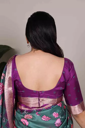 green tussar silk printed saree with viscose border