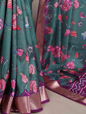 green tussar silk printed saree with viscose border 4