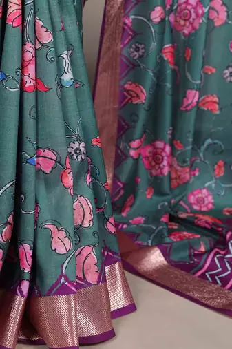 green tussar silk printed saree with viscose border