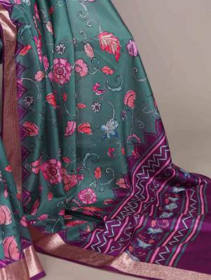 green tussar silk printed saree with viscose border 5