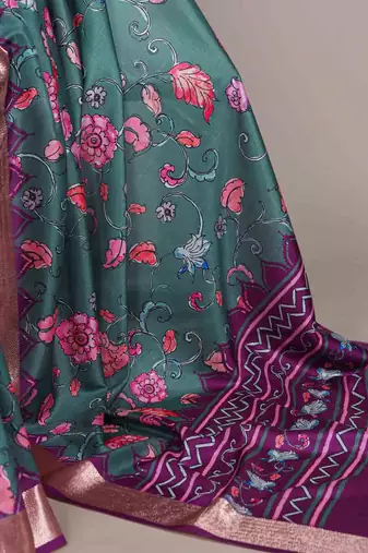 green tussar silk printed saree with viscose border