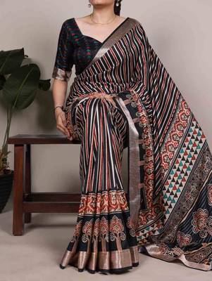 black tussar silk printed saree with viscose border 1