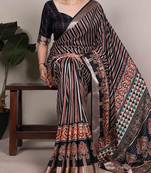 black tussar silk printed saree with viscose border