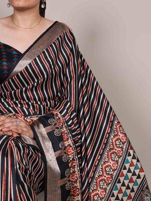 black tussar silk printed saree with viscose border 2