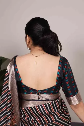black tussar silk printed saree with viscose border