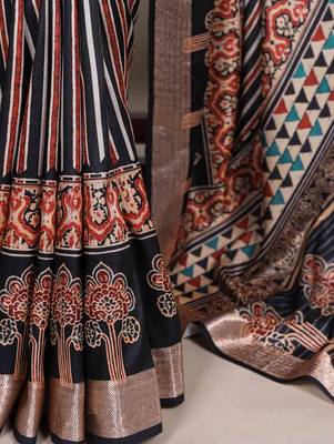 black tussar silk printed saree with viscose border 4