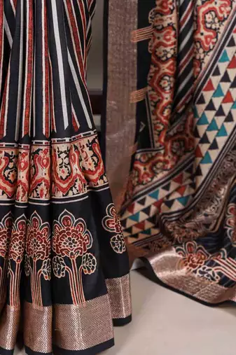 black tussar silk printed saree with viscose border