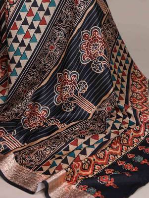 black tussar silk printed saree with viscose border 5