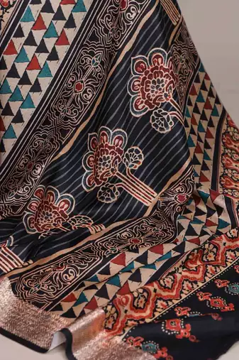 black tussar silk printed saree with viscose border
