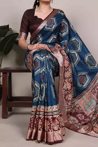  tasar silk printed saree with stylish viscose border