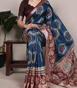 teal tussar silk printed saree with viscose border