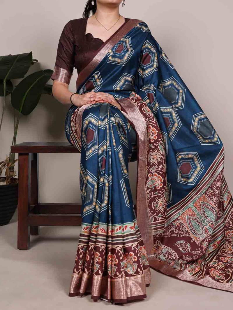 Traditional tasar silk printed saree with stylish viscose border