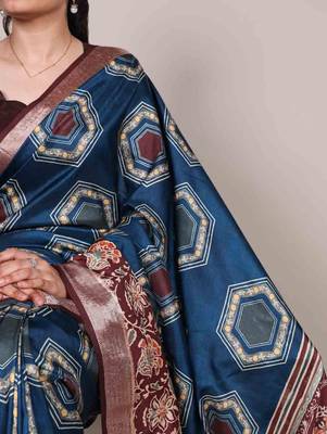 teal tussar silk printed saree with viscose border 2