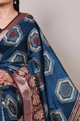 teal tussar silk printed saree with viscose border