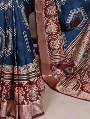 teal tussar silk printed saree with viscose border 4