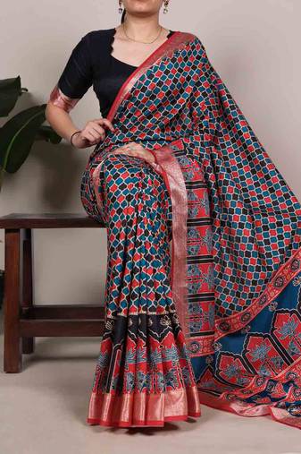 Traditional tasar silk printed saree with stylish viscose border